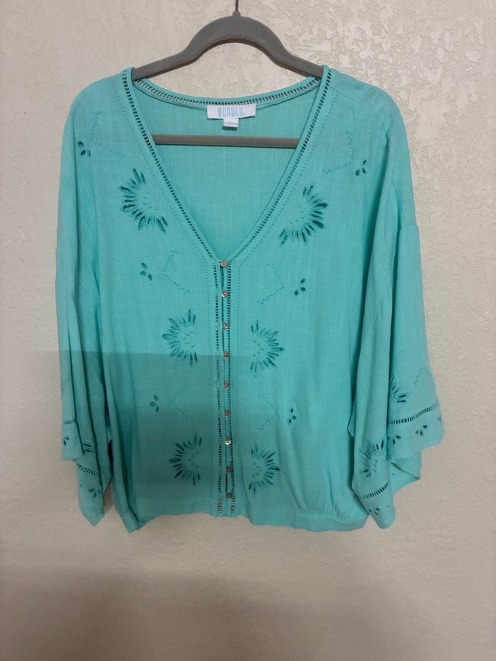 Embroidered Aqua V-Neck Button-Front Tunic